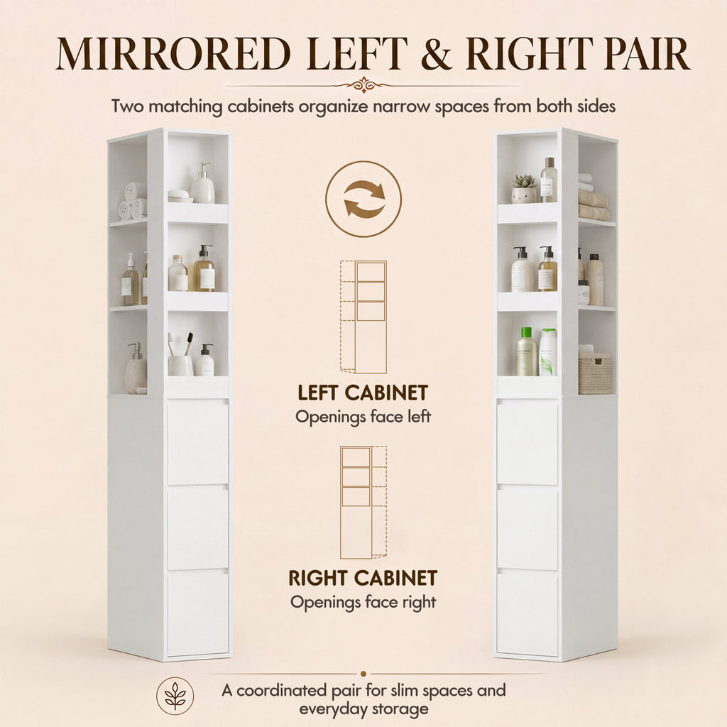 Tall Narrow Freestanding Bathroom Storage Cabinet with Open Shelves & 3‑Drawers, Floor Linen Tower for Laundry Room, Living Room, Small Compact Spaces