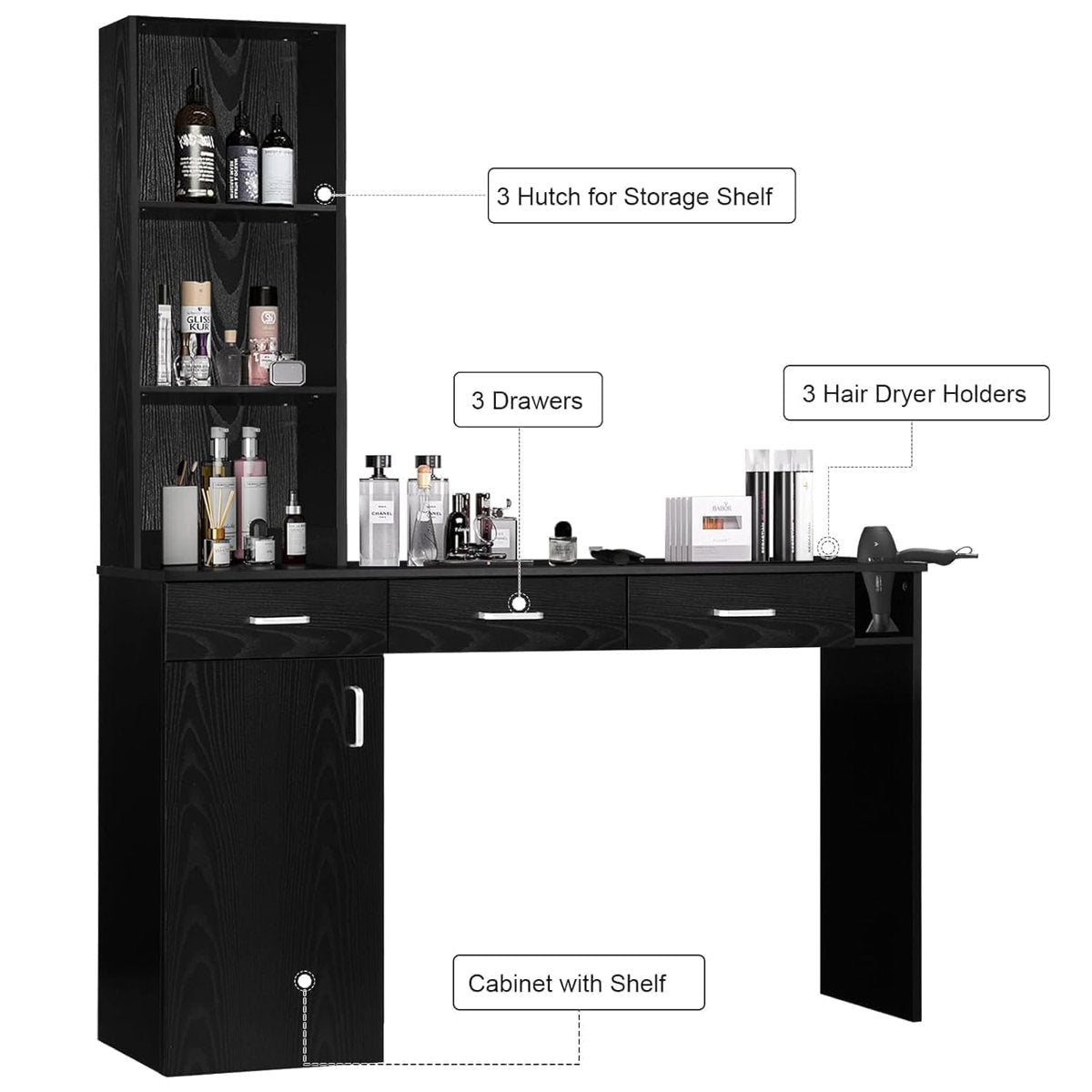 Thame Barber Station for Hair Stylist, Salon Wall Station with Barber Cabinet, Hair Stations Equipment Hair Dryer Holder, Drawers, Wall Mount Barber Beauty Station, Mirror not Included