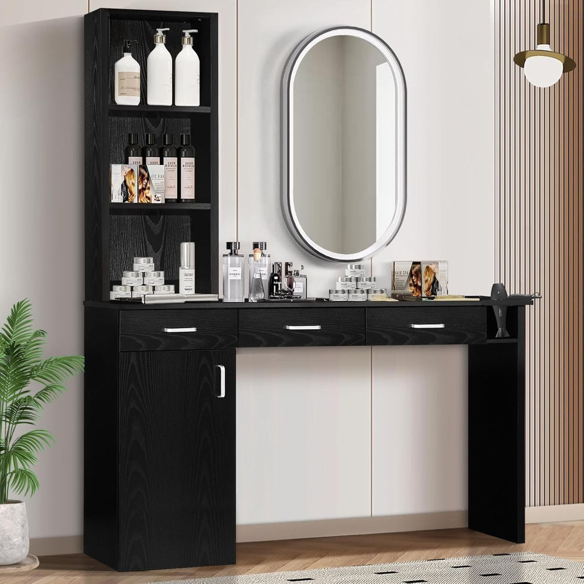Thame Barber Station for Hair Stylist, Salon Wall Station with Barber Cabinet, Hair Stations Equipment Hair Dryer Holder, Drawers, Wall Mount Barber Beauty Station, Mirror not Included