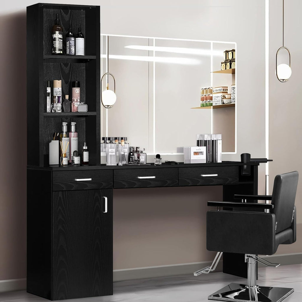 Thame Barber Station for Hair Stylist, Salon Wall Station with Barber Cabinet, Hair Stations Equipment Hair Dryer Holder, Drawers, Wall Mount Barber Beauty Station, Mirror not Included