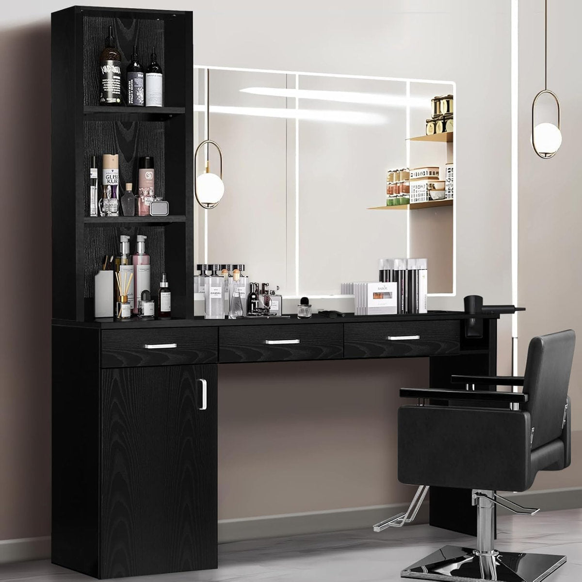 Thame Barber Station for Hair Stylist, Salon Wall Station with Barber Cabinet, Hair Stations Equipment Hair Dryer Holder, Drawers, Wall Mount Barber Beauty Station, Mirror not Included
