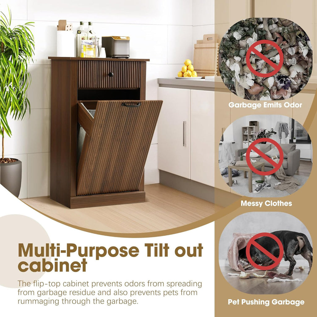 Tilt Out Fluted Laundry Hamper Cabinet, 11 Gallon Hidden Laundry Hamper, Wooden Trash Can Cabinets With Drawer, Modern Garbage Can Cabinet For Bathroom, Kitchen, Living Room