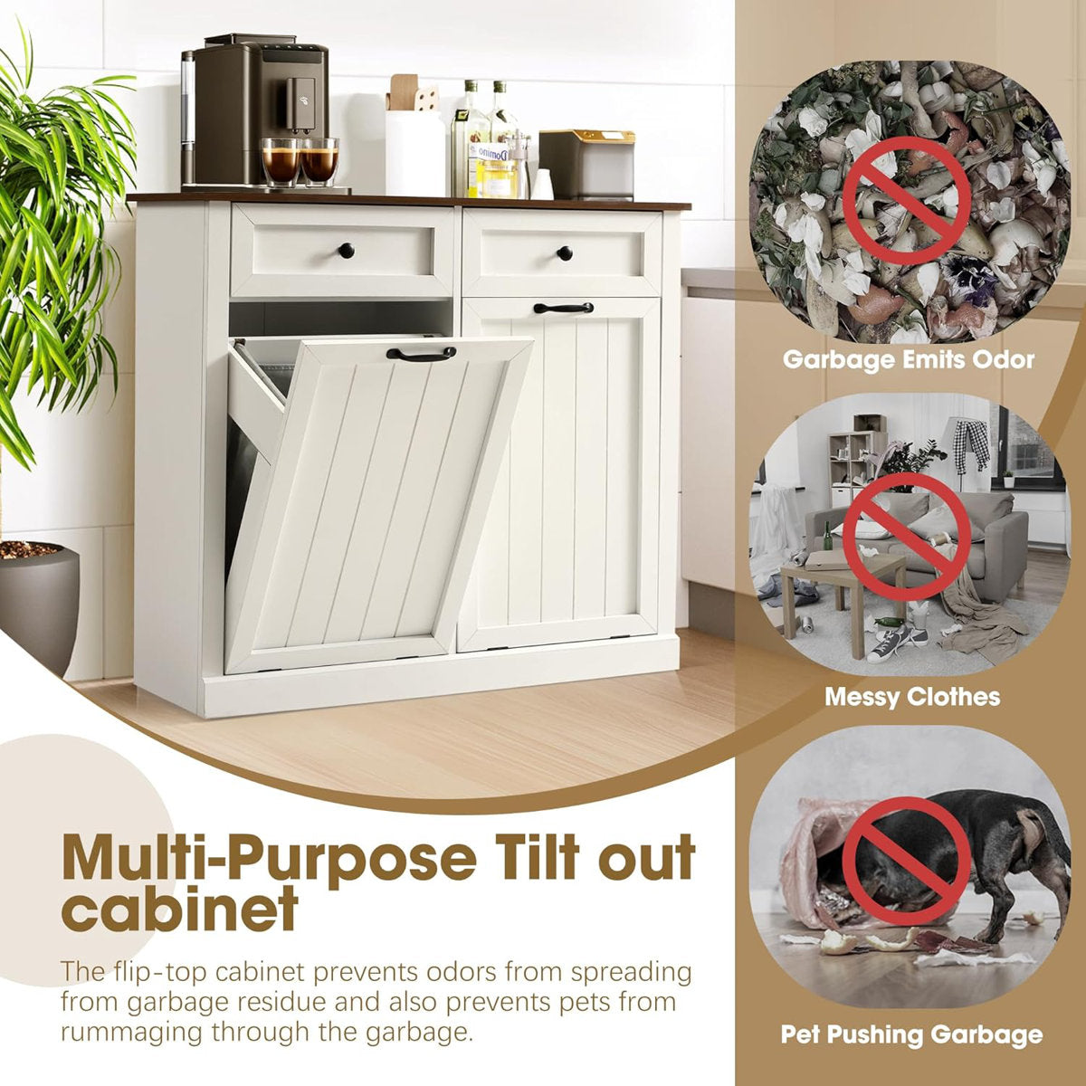 Tilt Out Laundry Hamper Cabinet, 22 Gallon Double Hidden Laundry Hamper, Wooden Trash Can Cabinet With 2 Drawers, Farmhouse Garbage Can For Bathroom, Kitchen, Living Room