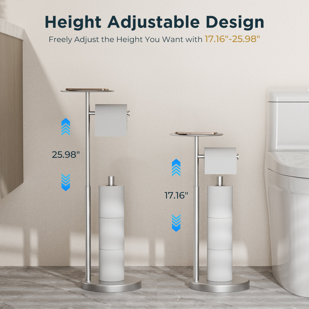 Toilet Paper Holder Stand With Shelf, Adjustable Height Freestanding Toilet Paper Stand With Storage, Sus 304 Stainless Steel And Weighted Base Tissue Roll Holder For Bathroom WW126A3BN
