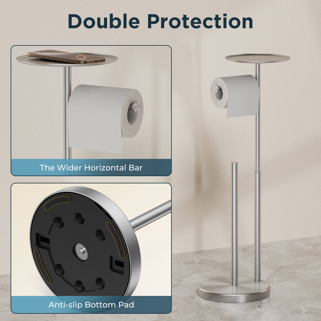 Toilet Paper Holder Stand With Shelf, Adjustable Height Freestanding Toilet Paper Stand With Storage, Sus 304 Stainless Steel And Weighted Base Tissue Roll Holder For Bathroom WW126A3BN