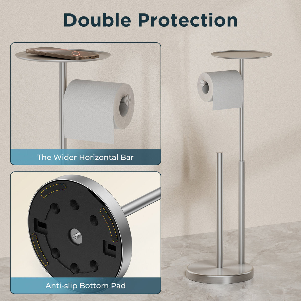 Toilet Paper Holder Stand With Shelf, Adjustable Height Freestanding Toilet Paper Stand With Storage, Sus 304 Stainless Steel And Weighted Base Tissue Roll Holder For Bathroom WW126A3BN