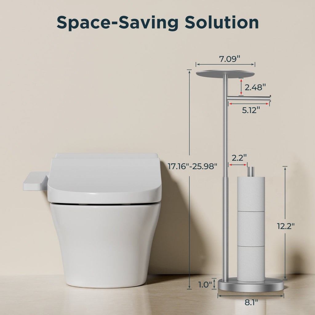 Toilet Paper Holder Stand With Shelf, Adjustable Height Freestanding Toilet Paper Stand With Storage, Sus 304 Stainless Steel And Weighted Base Tissue Roll Holder For Bathroom WW126A3BN