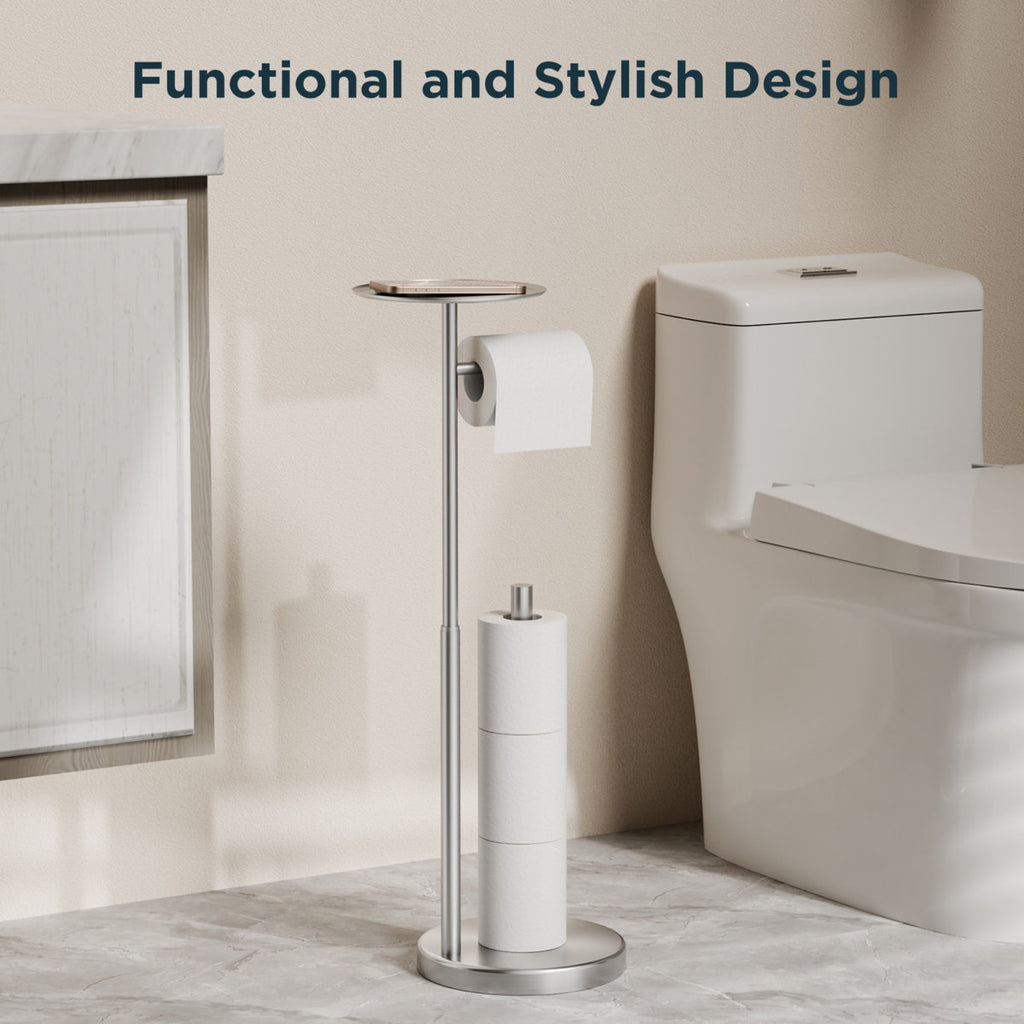 Toilet Paper Holder Stand With Shelf, Adjustable Height Freestanding Toilet Paper Stand With Storage, Sus 304 Stainless Steel And Weighted Base Tissue Roll Holder For Bathroom WW126A3BN
