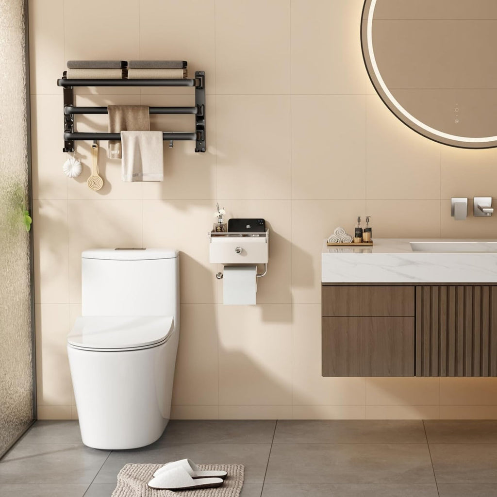 Toilet Paper Holder With Shelf, Flushable Wipes Dispenser For Bathroom, Adhesive Toilet Paper Roll Holder With Storage Wall Mount Stick On Bathroom Tissue Holder Front Flip Design fxRB0FXFDV49N