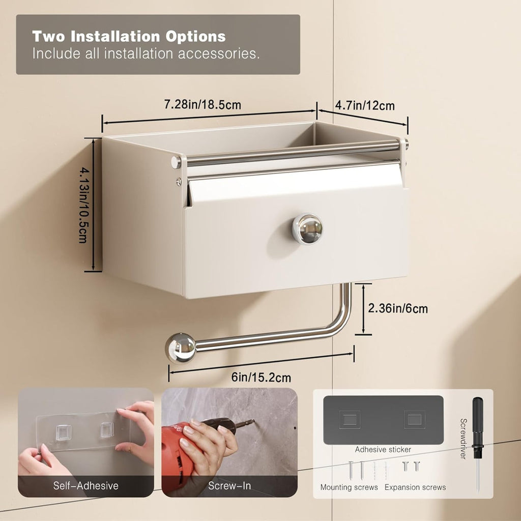 Toilet Paper Holder With Shelf, Flushable Wipes Dispenser For Bathroom, Adhesive Toilet Paper Roll Holder With Storage Wall Mount Stick On Bathroom Tissue Holder Front Flip Design fxRB0FXFDV49N