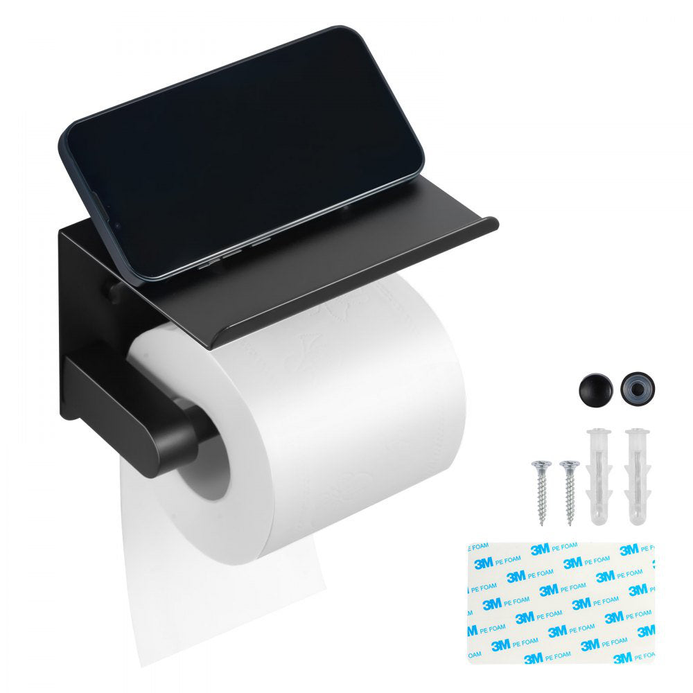 Toilet Paper Holder with Shelf, Stainless Steel Rustproof Material, Wall Mounted with Screws and Double-Sided Tape, Toilet Roll Tissue Holder for Bathroom, Matte Black, Compatible with Mega Rolls Size BGSWSZJDZKKZPZOEOV0
