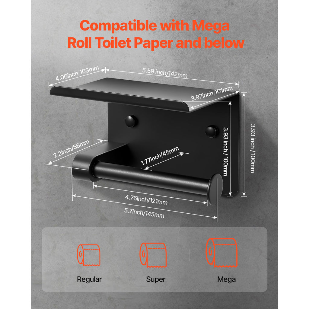 Toilet Paper Holder with Shelf, Stainless Steel Rustproof Material, Wall Mounted with Screws and Double-Sided Tape, Toilet Roll Tissue Holder for Bathroom, Matte Black, Compatible with Mega Rolls Size BGSWSZJDZKKZPZOEOV0