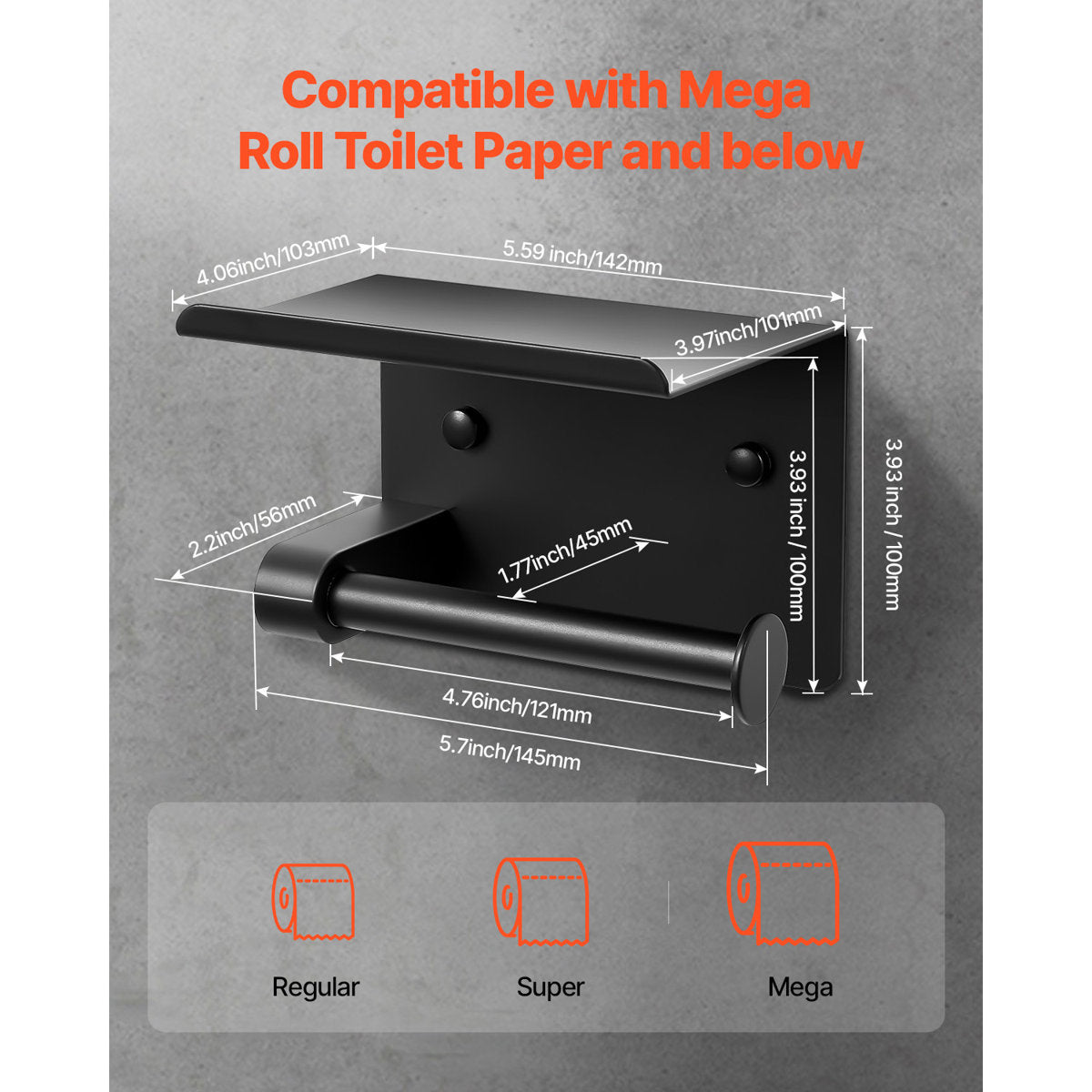 Toilet Paper Holder with Shelf, Stainless Steel Rustproof Material, Wall Mounted with Screws and Double-Sided Tape, Toilet Roll Tissue Holder for Bathroom, Matte Black, Compatible with Mega Rolls Size BGSWSZJDZKKZPZOEOV0