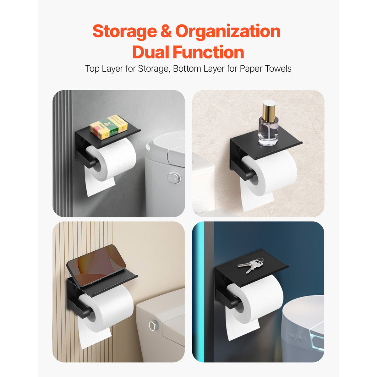 Toilet Paper Holder with Shelf, Stainless Steel Rustproof Material, Wall Mounted with Screws and Double-Sided Tape, Toilet Roll Tissue Holder for Bathroom, Matte Black, Compatible with Mega Rolls Size BGSWSZJDZKKZPZOEOV0