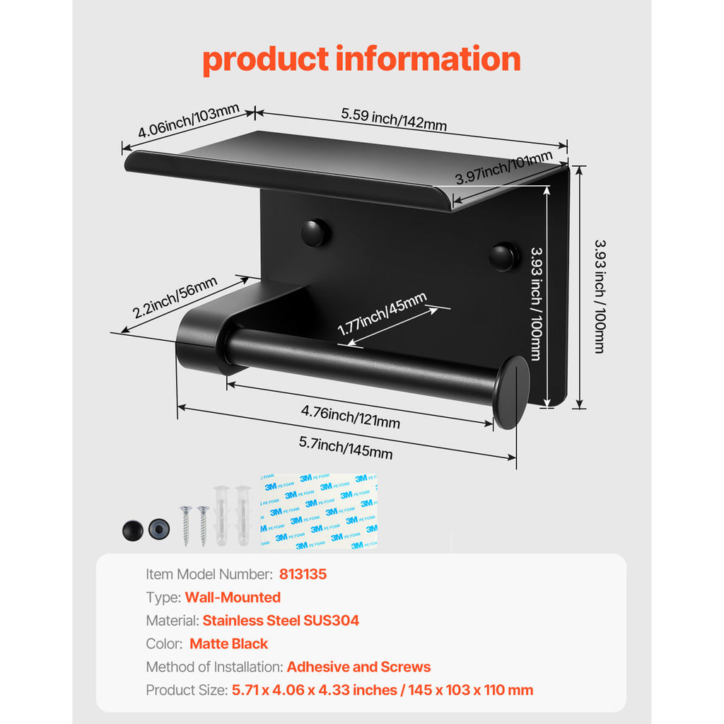Toilet Paper Holder with Shelf, Stainless Steel Rustproof Material, Wall Mounted with Screws and Double-Sided Tape, Toilet Roll Tissue Holder for Bathroom, Matte Black, Compatible with Mega Rolls Size BGSWSZJDZKKZPZOEOV0