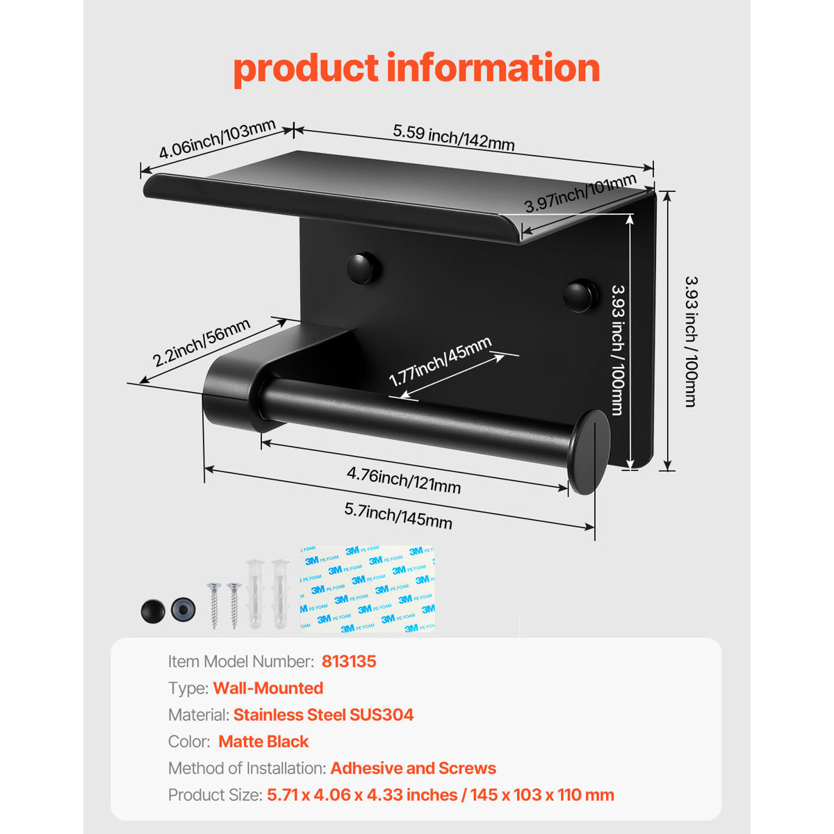 Toilet Paper Holder with Shelf, Stainless Steel Rustproof Material, Wall Mounted with Screws and Double-Sided Tape, Toilet Roll Tissue Holder for Bathroom, Matte Black, Compatible with Mega Rolls Size BGSWSZJDZKKZPZOEOV0