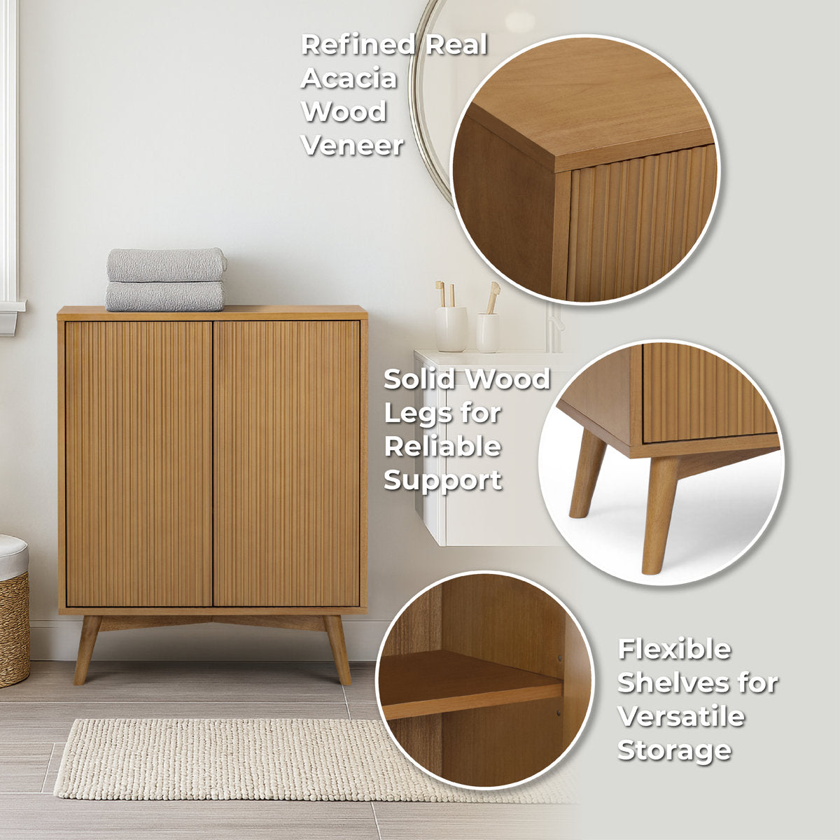 Tremolo Modern 2-Door Accent Cabinet with Adjustable Shelves & Fluted Push-Open Fronts for Living Room or Entryway