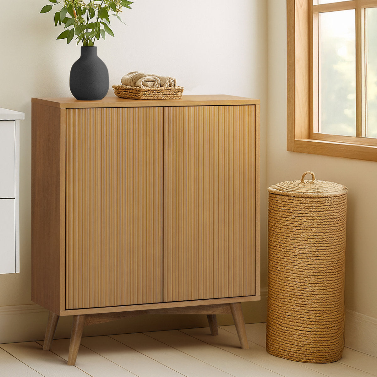 Tremolo Modern 2-Door Accent Cabinet with Adjustable Shelves & Fluted Push-Open Fronts for Living Room or Entryway