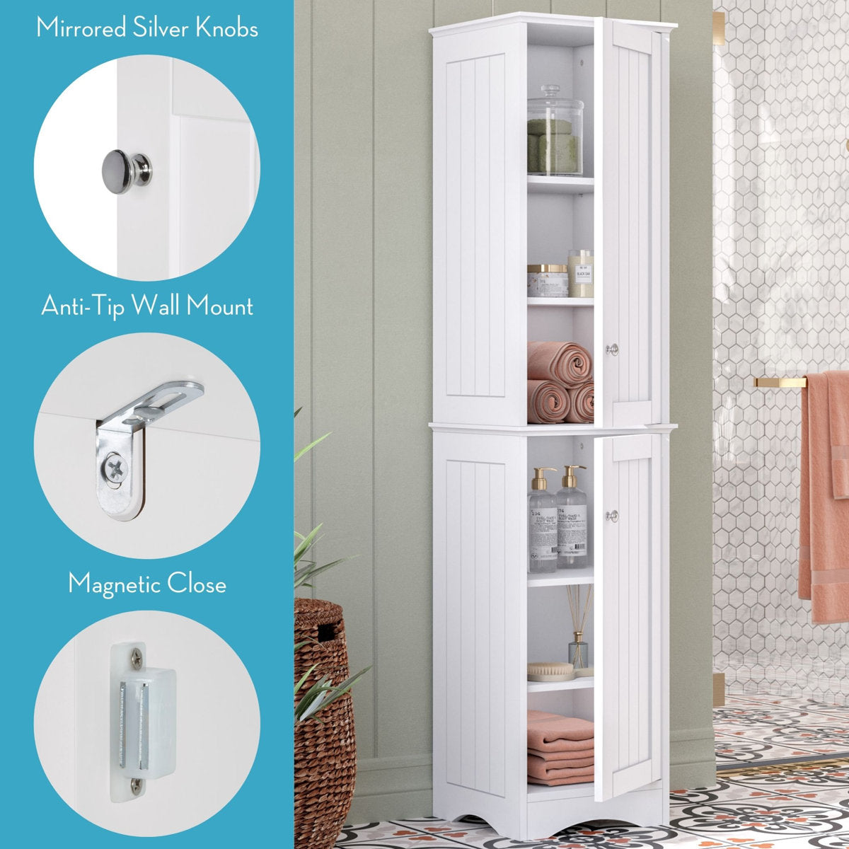 Two-Door Tall Bathroom Storage Cabinet and Linen Organizer with Adjustable Shelves - White