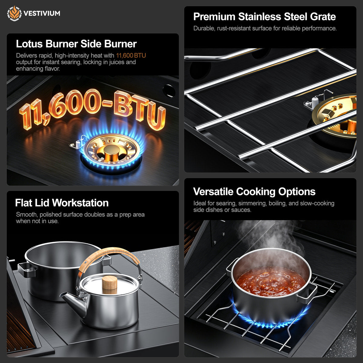 VESTIVIUM 4-Piece Outdoor Kitchen Island Set ¨C Black All 304 Stainless Steel 6-Burner Gas Grill with Side & Infrared Burner, Single-Door Sink Module, Single-Door Refrigerator Module & Cabinet Drawer Storage Combo, Black Galaxy Granite Countertop