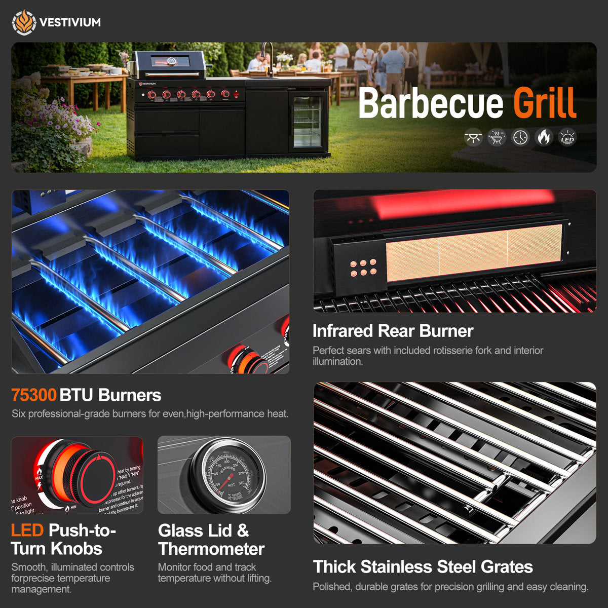 VESTIVIUM SERA 4-Burner Stainless Steel Gas Grill ¨C 75,300?BTU, Infrared Rear & Side Burner ¨C LPG