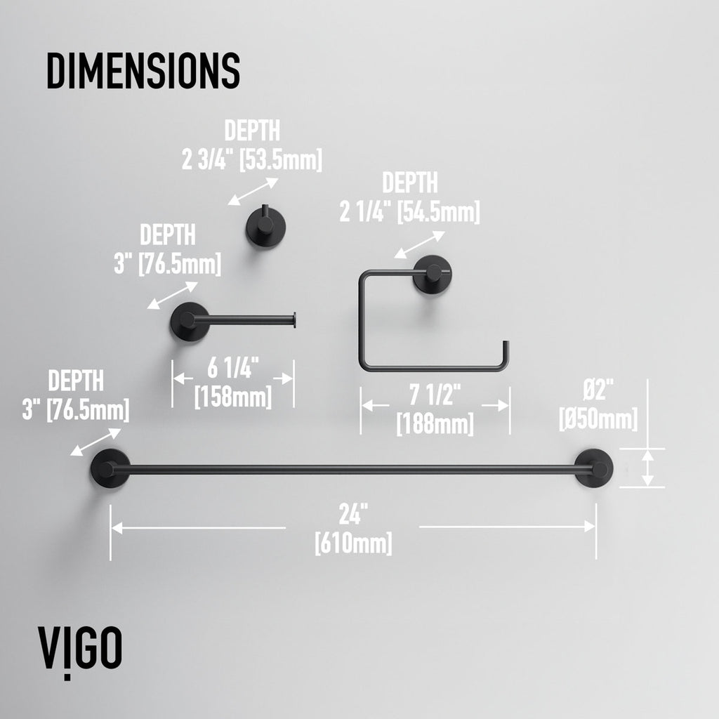 VIGO Cass 4-Piece Matte Black Bathroom Hardware Set with 24-in Towel Bar, Toilet Paper Holder, Hand Towel Holder and Hook VGAC4005MB