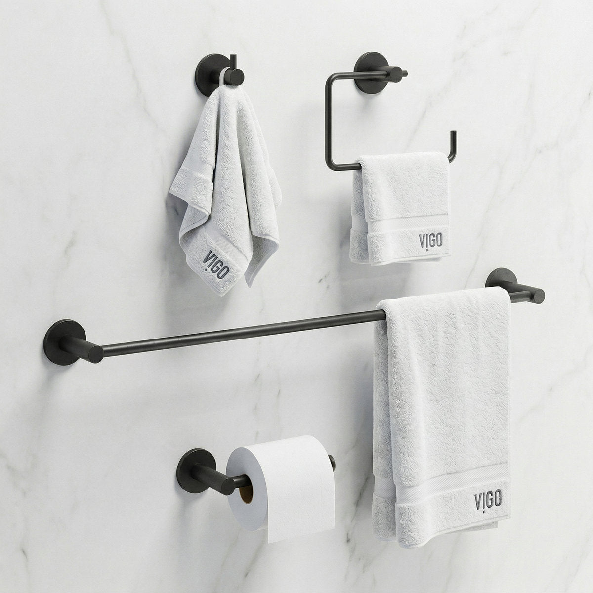 VIGO Cass 4-Piece Matte Black Bathroom Hardware Set with 24-in Towel Bar, Toilet Paper Holder, Hand Towel Holder and Hook VGAC4005MB