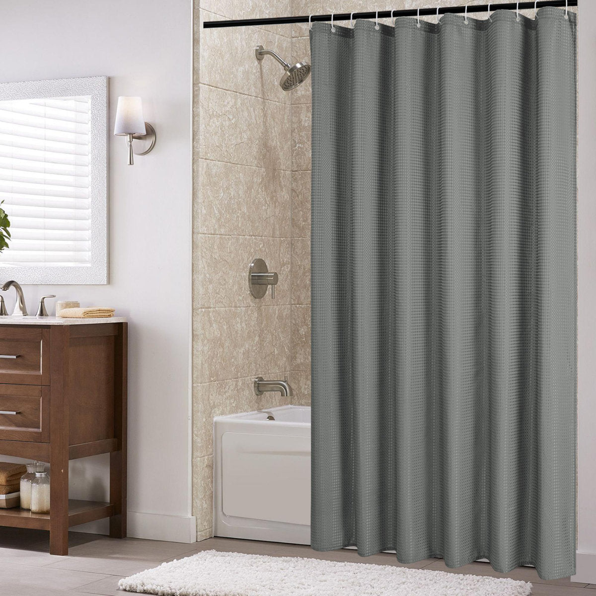 Waffle Weave Shower Curtain for Bathroom, 120 GSM Weighted Polyester Bath Curtain (71" W × 71" H)