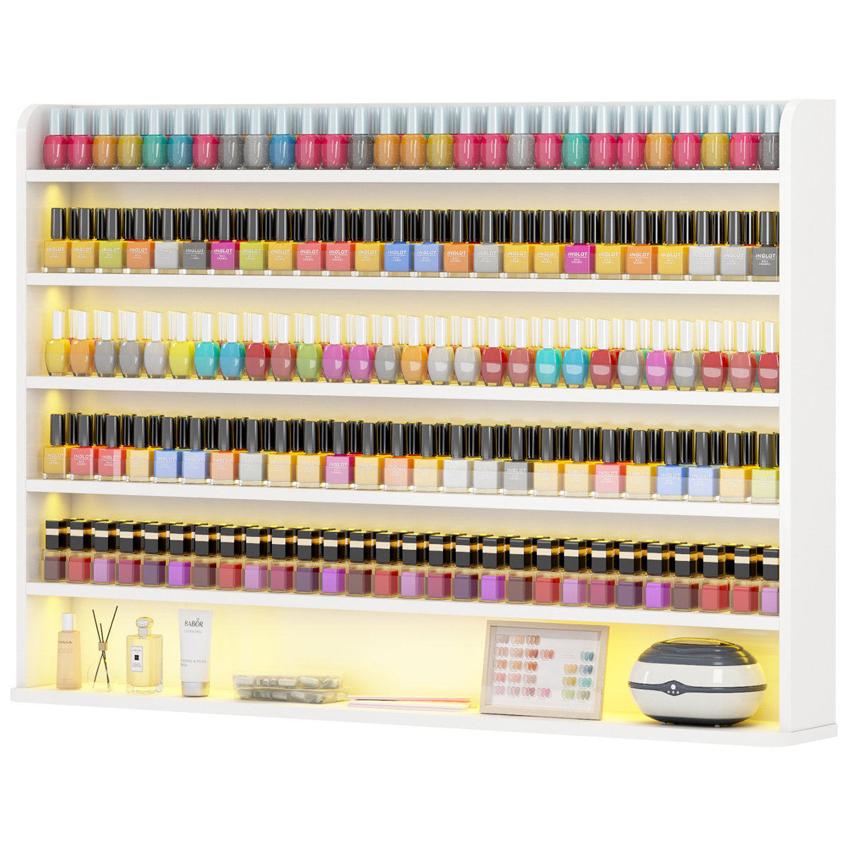 Wall-Mounted 6-Tier Nail Polish Rack with Adjustable LED Light Strip and Acrylic Baffles, Modern Nail Polish Organizer for Nail Salon & Home Studio