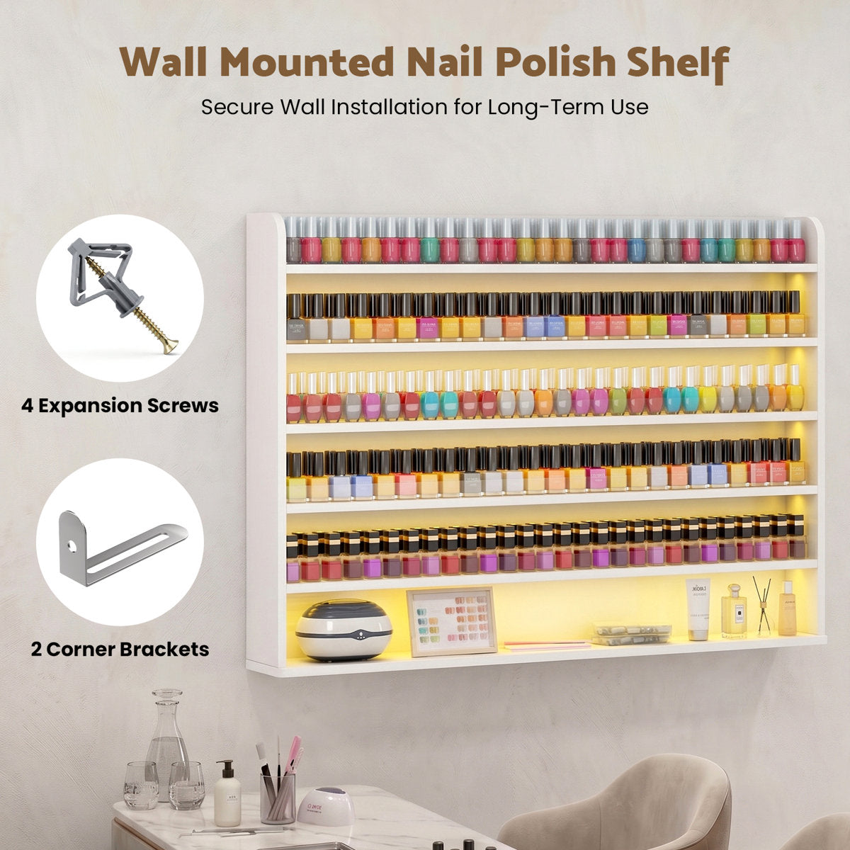 Wall-Mounted 6-Tier Nail Polish Rack with Adjustable LED Light Strip and Acrylic Baffles, Modern Nail Polish Organizer for Nail Salon & Home Studio