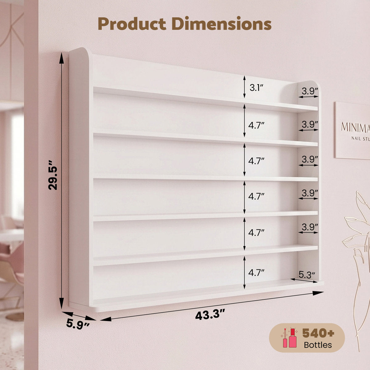 Wall-Mounted 6-Tier Nail Polish Rack with Adjustable LED Light Strip and Acrylic Baffles, Modern Nail Polish Organizer for Nail Salon & Home Studio