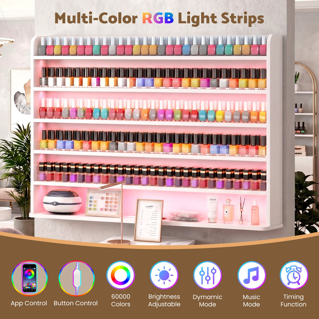 Wall-Mounted 6-Tier Nail Polish Rack with Adjustable LED Light Strip and Acrylic Baffles, Modern Nail Polish Organizer for Nail Salon & Home Studio