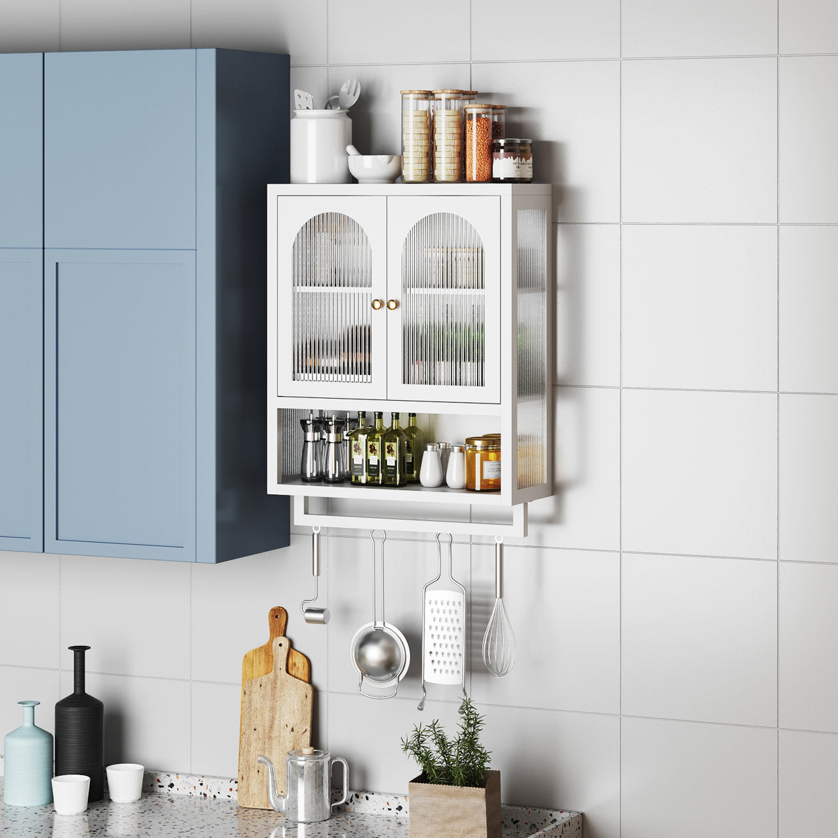 Wall Cabinet with Fluted Glass Doors, Adjustable Shelf, and Towel Rack for Bathroom, Kitchen