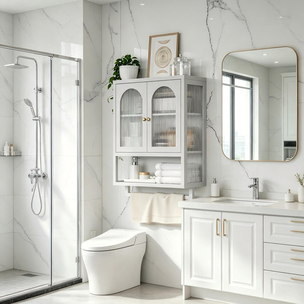Wall Cabinet with Fluted Glass Doors, Adjustable Shelf, and Towel Rack for Bathroom, Kitchen