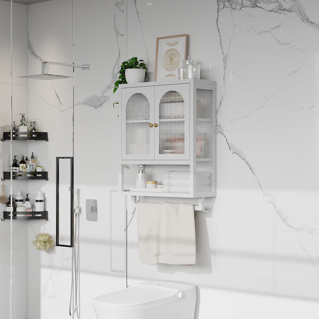 Wall Cabinet with Fluted Glass Doors, Adjustable Shelf, and Towel Rack for Bathroom, Kitchen