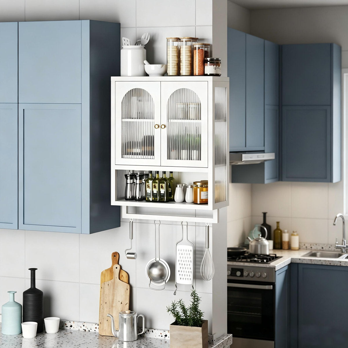 Wall Cabinet with Fluted Glass Doors, Adjustable Shelf, and Towel Rack for Bathroom, Kitchen