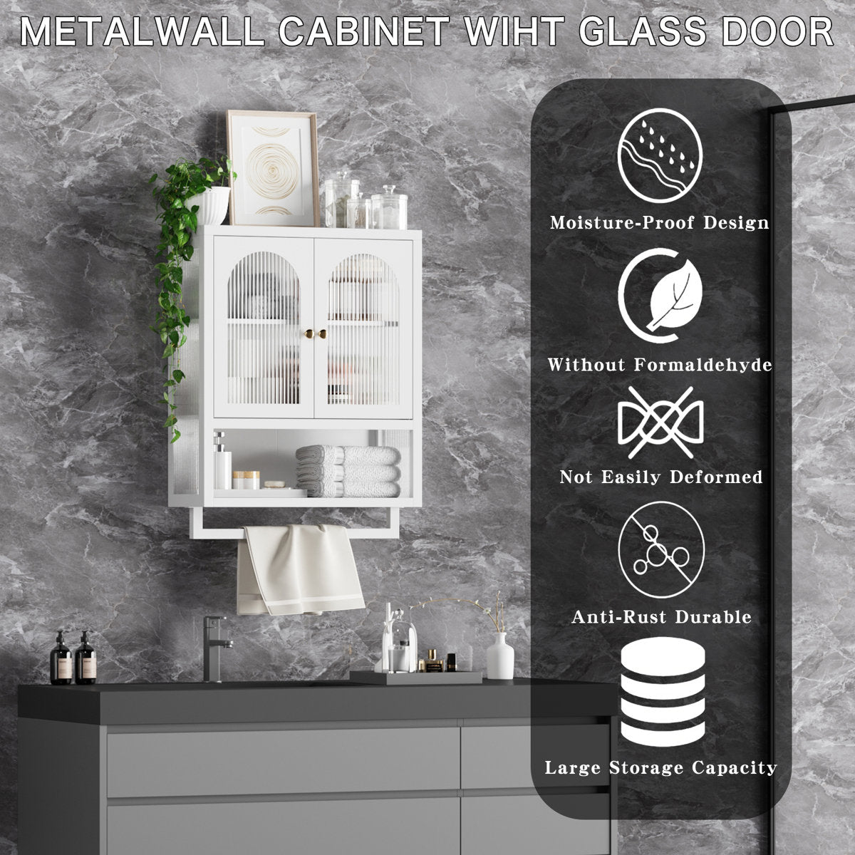 Wall Cabinet with Fluted Glass Doors, Adjustable Shelf, and Towel Rack for Bathroom, Kitchen