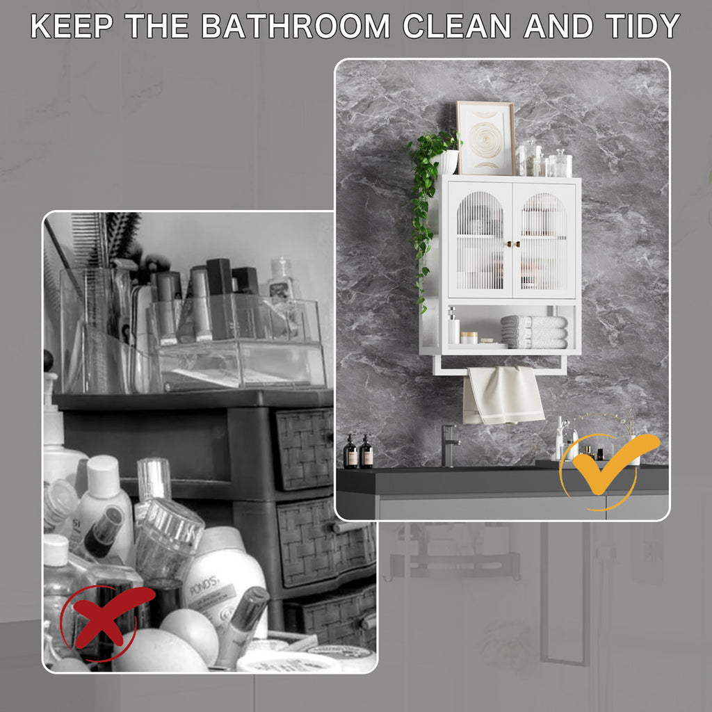 Wall Cabinet with Fluted Glass Doors, Adjustable Shelf, and Towel Rack for Bathroom, Kitchen