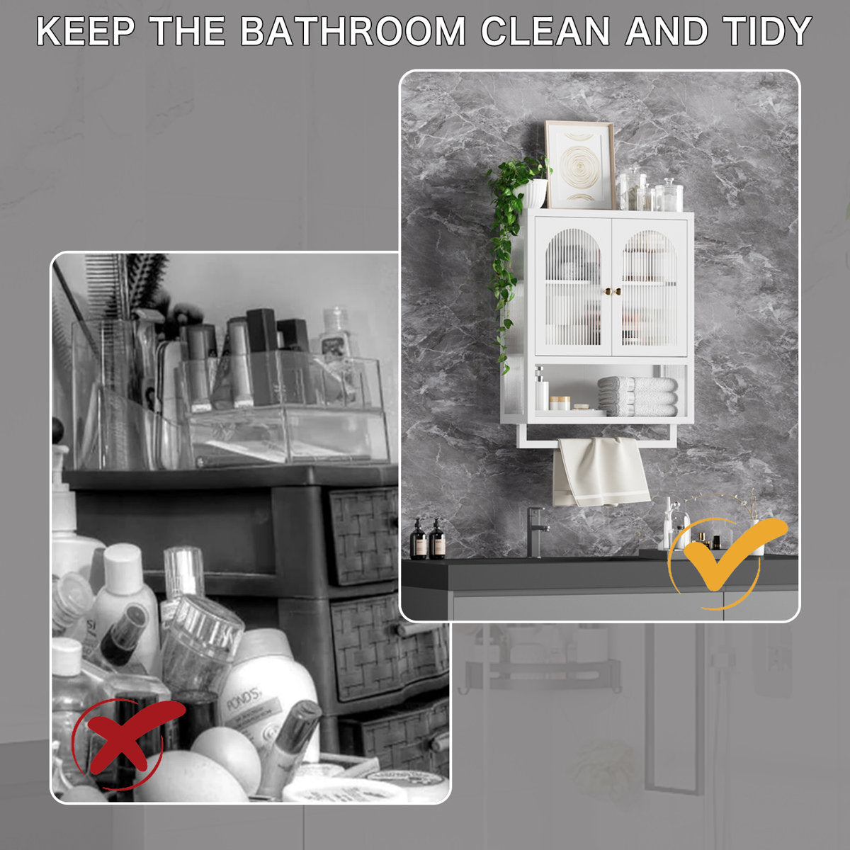Wall Cabinet with Fluted Glass Doors, Adjustable Shelf, and Towel Rack for Bathroom, Kitchen