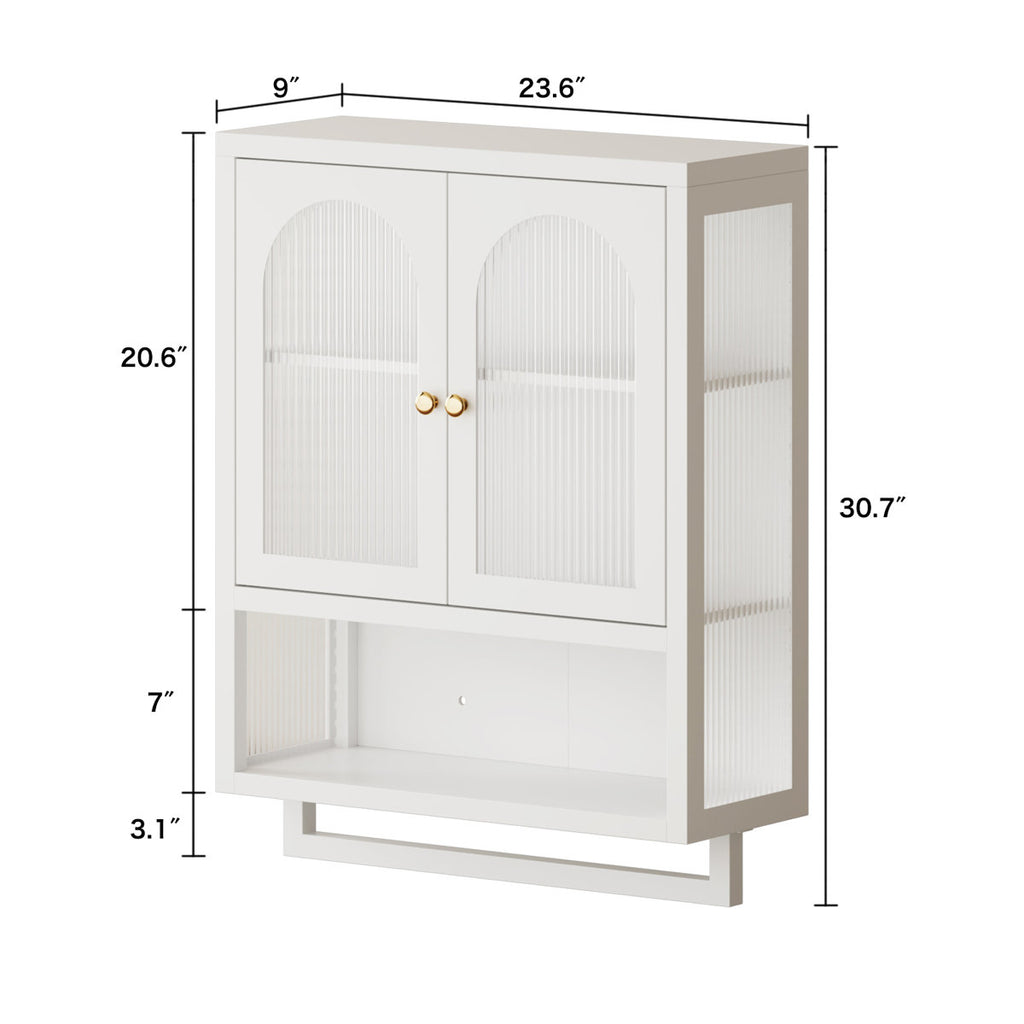 Wall Cabinet with Fluted Glass Doors, Adjustable Shelf, and Towel Rack for Bathroom, Kitchen