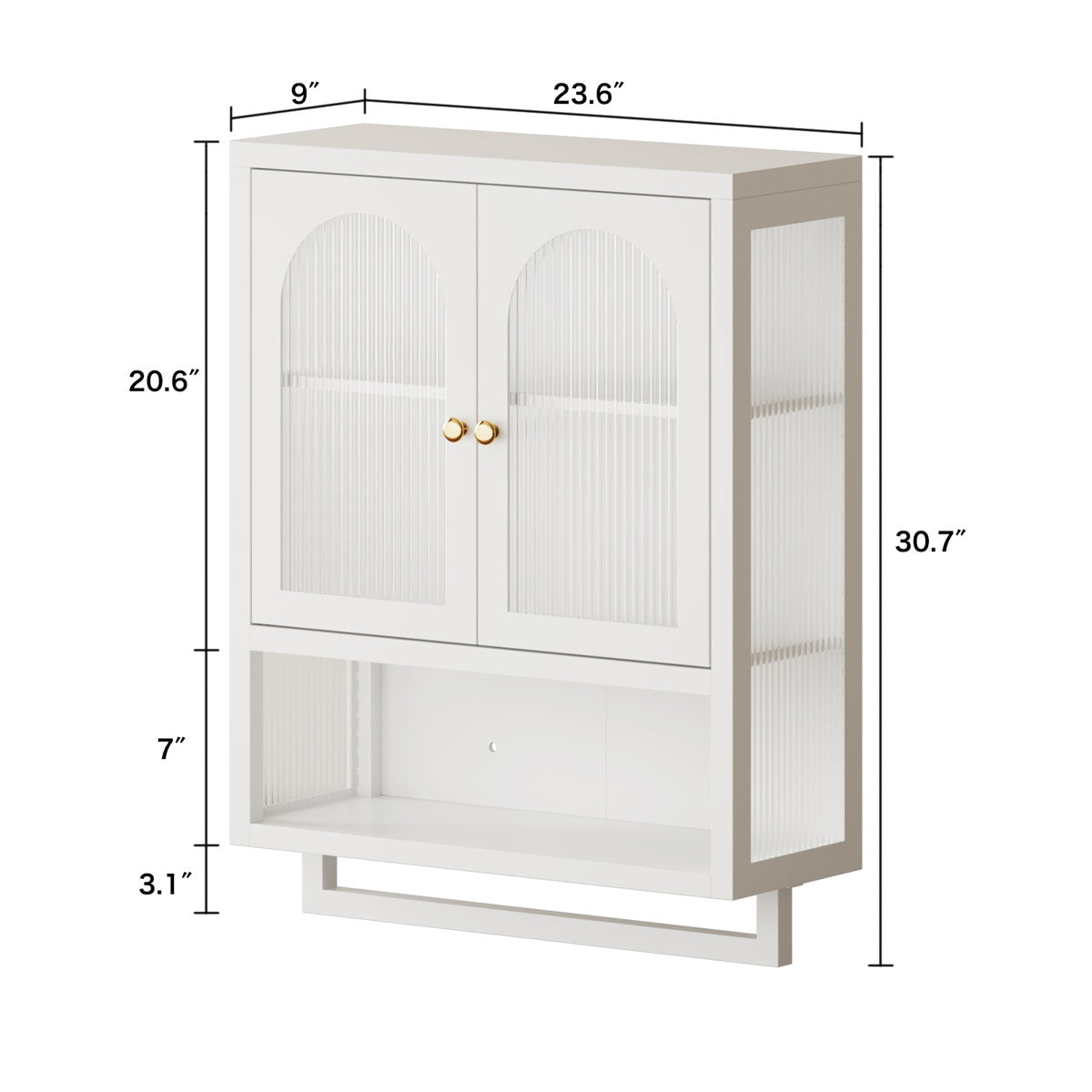 Wall Cabinet with Fluted Glass Doors, Adjustable Shelf, and Towel Rack for Bathroom, Kitchen