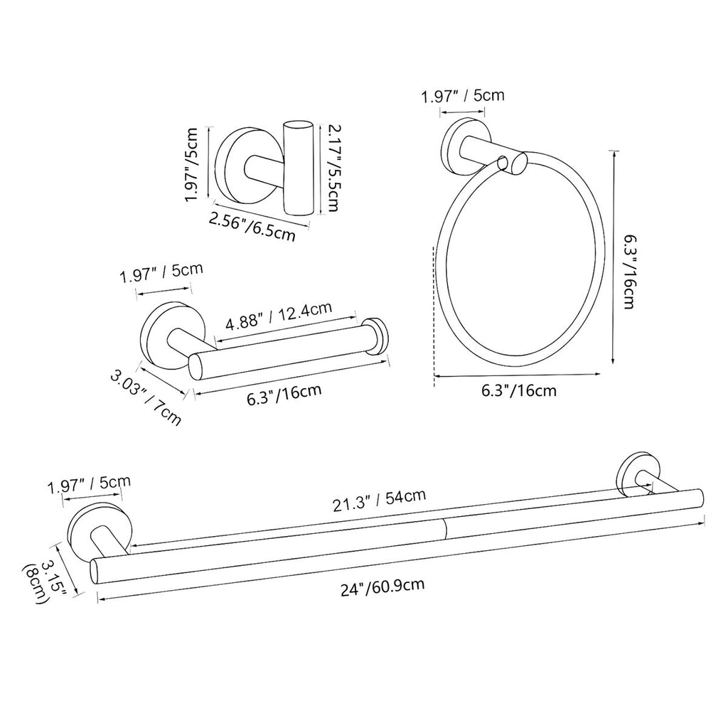 Wall Mounted 5-Pieces Bathroom Hardware Accessories Set, SUS304 Stainless Steel Bath Towel Bar Set, Round Towel Racks For Bathroom Round-T-0808-Black
