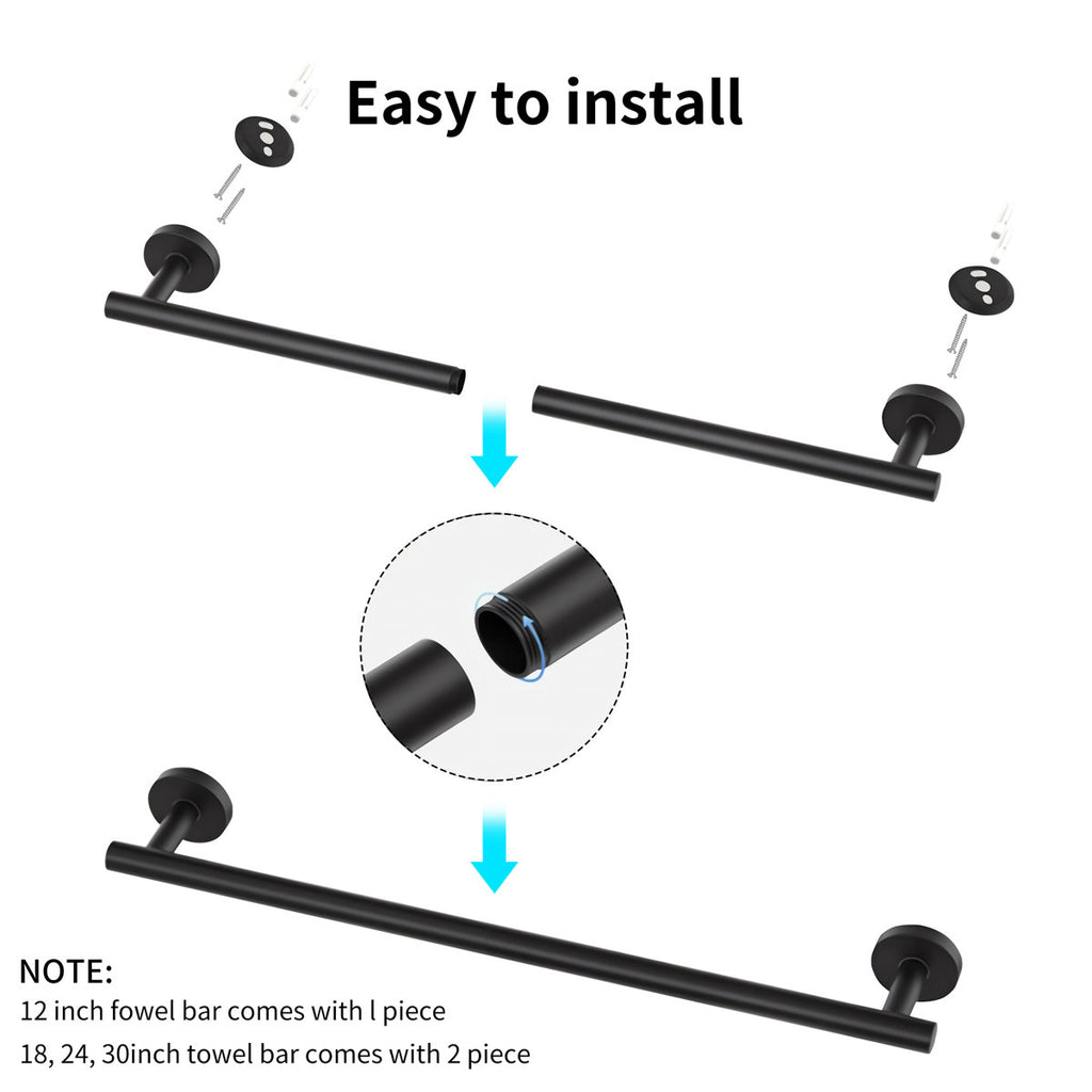 Wall Mounted 5-Pieces Bathroom Hardware Accessories Set, SUS304 Stainless Steel Bath Towel Bar Set, Round Towel Racks For Bathroom Round-T-0808-Black