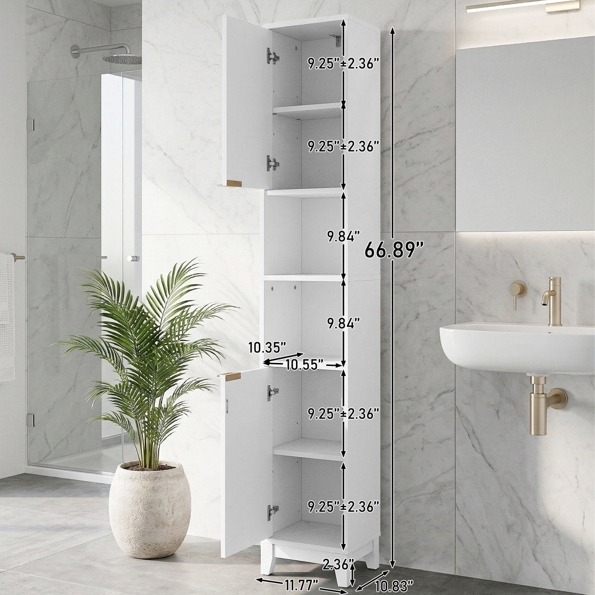 White Bathroom Cabinet With 2 Doors And 2 Shelves