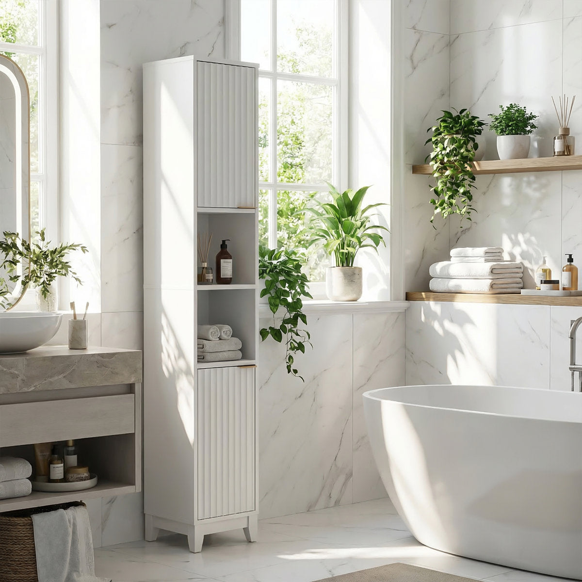 White Bathroom Cabinet With 2 Doors And 2 Shelves